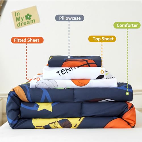 Image of PERFEMET Sports Toddler Bedding Set, 3D Soccer Baseball Football Basketball 4 Pieces Comforter Set with Sheets and Pillowcases, Ultra Soft Navy Blue Bed in A Bag Toddler Bed Set for Kids Boys Girls