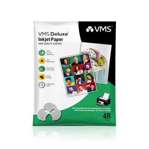 VMS Deluxe 180 GSM 4R (4x6) Glossy Photo Paper – Water Resistant,Pack of 100 sheets, Compatible with all Inkjet Printers (Not A4 Size)