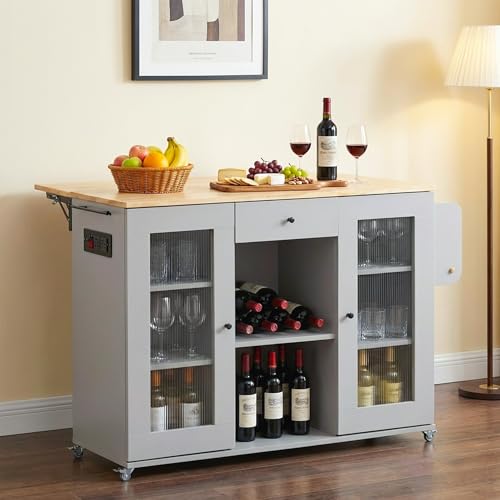 Image of Rocco Walky Kitchen Island Storage Cabinet with Wheels, Solid Rubber Wood Top, Fluted Acrylic Doors, Built-in Power Sockets & LED Lights, Soft-Close Hinges & Side Organizer (Grey, Large & Extendable)