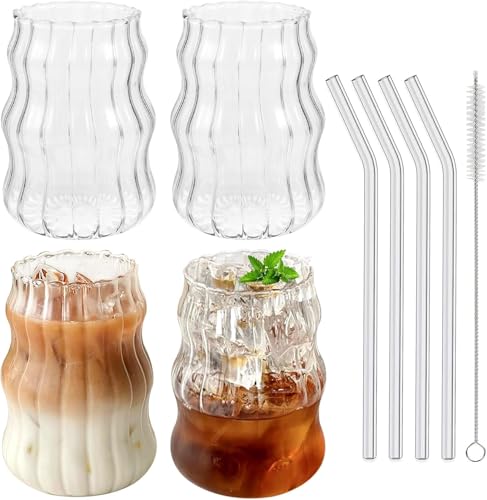 DENUOTOP Lot de 4 Verres avec paille, 530 ml, verres à café, latte macchiato, verres à bulles en verre borosilicate pour tasses à expresso, cappuccino, mojito, matcha, milkshake, verres à boire