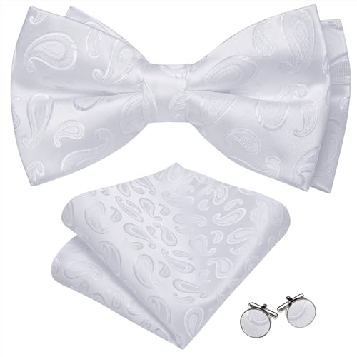 Image of Barry.Wang Paisley Striped Bow Tie for Men Silk Pre-Tied Bowtie Pocket Square Cufflinks Set Formal Wedding Party Prom