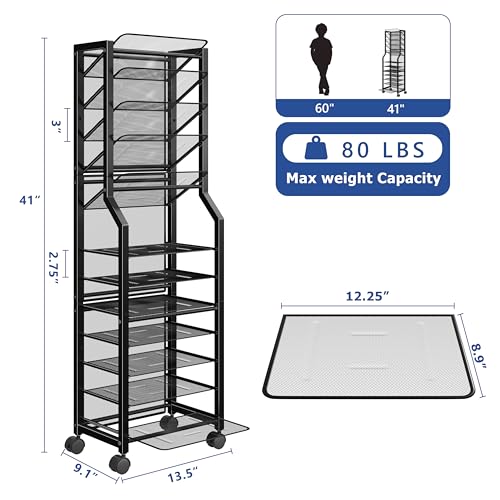 Simple Trending 12 Tier Rolling File Cart,Desk File Organizer with Sliding Trays and Wetal Mesh Paper Letter Storage Multi Functional Rolling Clutter Cart for Office, Home, School, Black - Thumbnail 7