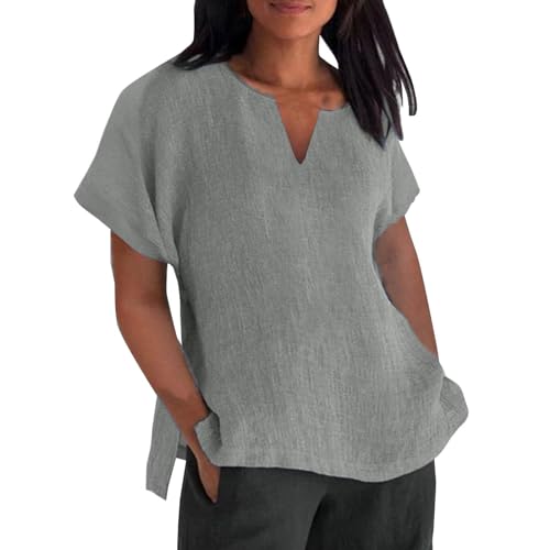 Wyongtao Damen Blusen Leinenbluse Musselin Bluse Hemden Elegant Kurzarm Business Oberteile mit Knöpfen Tops Lose Langarmshirt Sommer Longbluse Tunika Damen Große Größen Tuniken