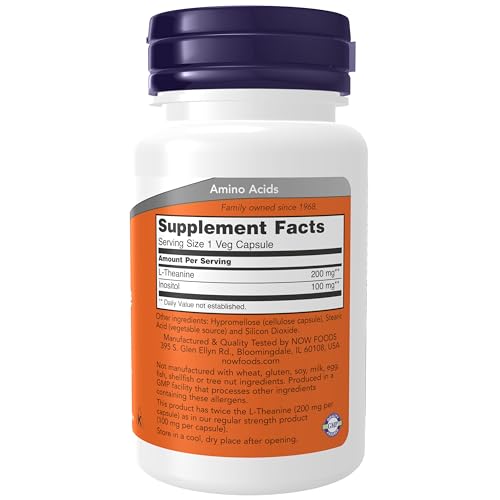 Image of NOW Foods Supplements, L-Theanine 200 mg with Inositol, Stress Management*, 60 Veg Capsules