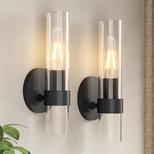 Image of Wall Sconce Set of Two, Hardwired Bathroom Wall Sconces Lighting with Clear Glass, Modern Wall Sconces Set of 2 Wall Light fixtures for Bathroom Mirror Living Room Hallway Bedroom(Black)