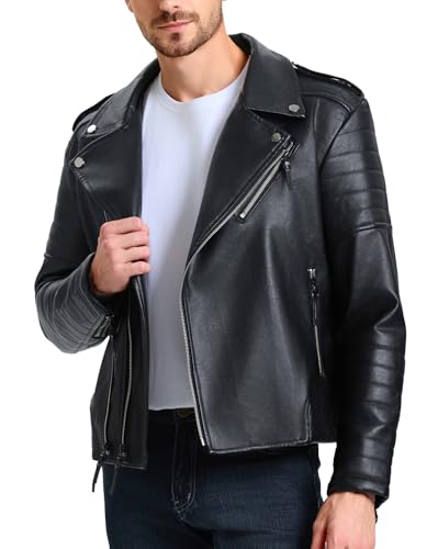 WULFUL Men's Leather Jackets, Faux Bomber Jacket for Men Motorcycle Lapel Asymmetric Zip-Up Slim Fit Biker Coat3