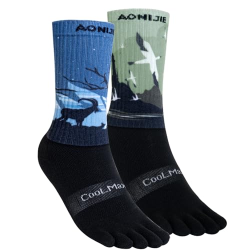 YOUGLE Hiking Toe Socks with Thickened Terry Lining Coolmax Five Finger Running Mid-Calf Socks Moisture Wicking