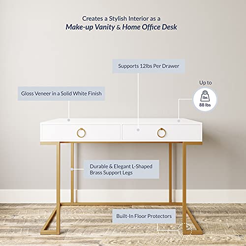 Belleze Vanity Desk With 2 Drawers, 45 Inch Computer Desk Mordern Vanity Makeup Dressing Table Home Office Desk Laptop Study Writing Table With Gold Metal Frame, White #TOP4
