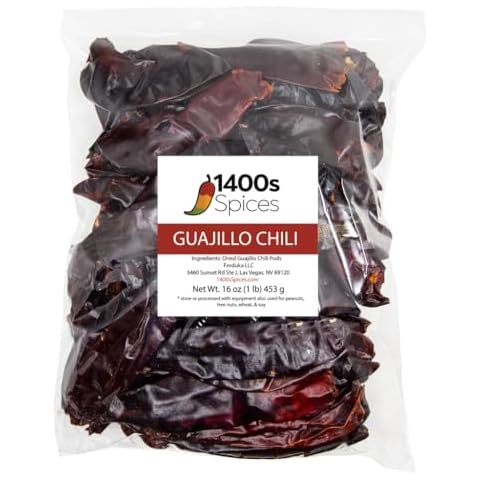 1lb Guajillo Stemless Chile Food Service Size, Whole Dried Red Chile Seco Mexican Peppers, Chiles Descolados, Versatile Mexican Ingredients for Mexican Salsa by 1400s Spices Cover