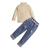 Verve Jelly Baby Mädchen Zerrissene Jeans Outfit Langarm Einfarbig Gestrickte T-Shirt Tops Denim Hosen Set Herbst Winter Kleidung Set Beige 130 5-6 Jahre