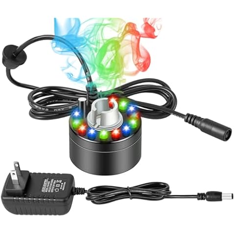 YEAJOIN 1PCS Mist Maker, Indoor Fogger Water Fountain Pond Mini Fog Machine Atomizer Air Humidifier with 12 LED, Atomizer Fogger Perfect for Halloween, Christmas and Other Holidays Cover