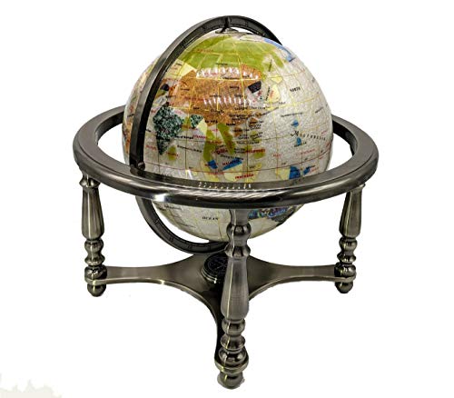 Unique Art 13" Tall 9" Diameter Pearl Powder Ocean Desktop 4-Leg Silver Stand Gemstone Globe #TOP9