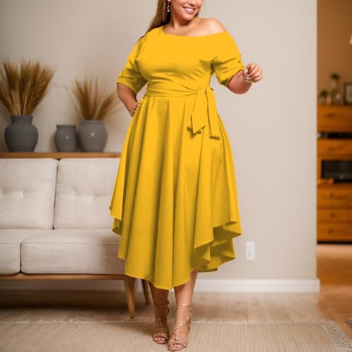 Image of Plus Size Women Wedding Guest Dress Off Shoulder Boat Neck Irregularly Flowy Midi Church Dress
