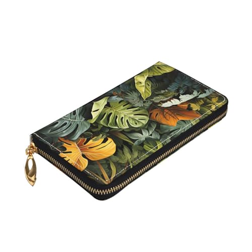 Leather Women Wallets, Long Credit Card Holder, Tropical Rainforest Palm Leaves Print Billfold Clutch & Travel Purse Large Capacity3