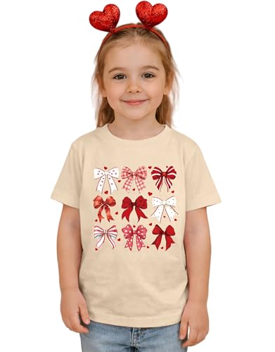 SANIXJOO Toddler Baby Girls Valentine's Day Bow Heart Graphic Tee Cute Crewneck T-Shirt Casual Outfit for Summer(Apricot,3-4T)