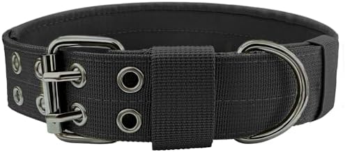 Heavy Duty Dog Collar for Large Dogs, Tactical Dog Collars with Metal Buckle & D Ring, 1.5″ Width Thick Adjustable Nylon Dog Collar for Medium Dogs, Black/M