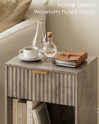 Image of Masupu Fluted Nightstand,Modern Night Stand Wood Bedside Table with Storage Drawer Side End Table for Bedroom,Office,Gray