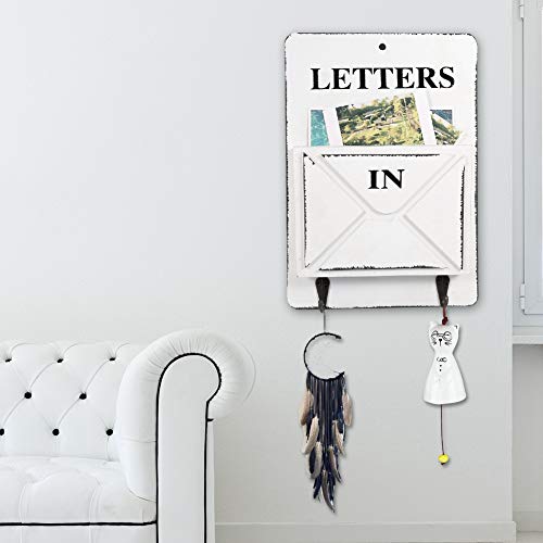 Tomotato Wand Briefhalter Holz Briefkasten Briefständer mit Schlüsselhaken Aufhängern an der Wand Befestigter Briefsortierer Aufbewahrungsbox Vintage Heimdekoration(Weiß)