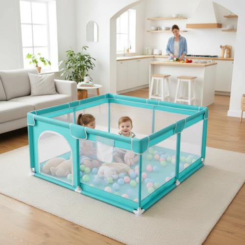 Image of ShivAnanta Baby Playpen for Home Indoor Kids Safety Play Fence with 30 Balls Mesh Play Area for 2+ Toddler Activity Zone Portable Baby Play Yard Anti Slip Child Play Space for Crawling Babies Secure Enclosure (Blue)