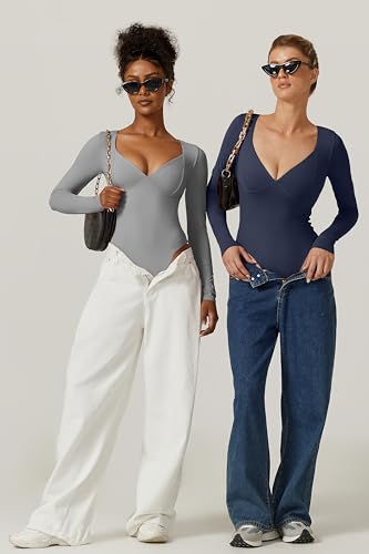 Image of QINSEN Women's Long Sleeve Bodysuit V Neck Body Suits Seamed Cup Going Out Tops Shirt
