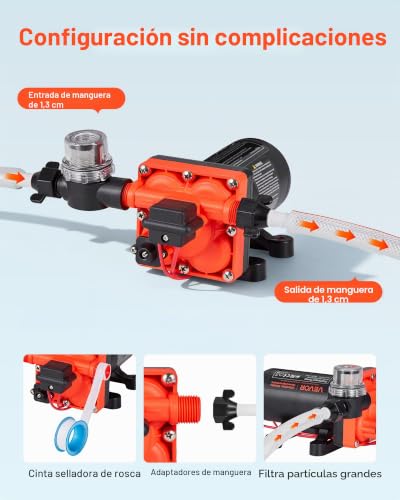 Miniatura 4 de Vevor Bomba De Diafragma, 12 V Dc, 22,7 L Min, Autocebante, De 4 Cámaras Con Presostato Automático Y Presión De 4,8 Bar, Para Autocaravanas, Caravanas, Barcos, Yates Y Lavaderos De Coches, 204 W
