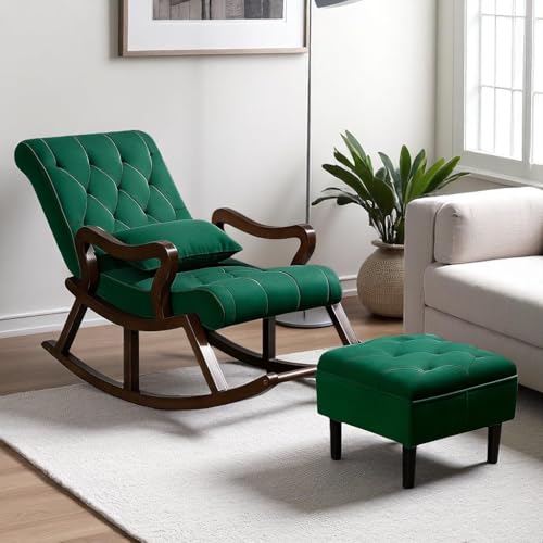 Image of CRAFTCITY Sheesham Wood Elegant Chair with Pillow and Matching Foot Stool /Living Room Chair /Rose Wood Rocking Chair,Pre-Assembled (Green, Rocking Chair with Ottoman)