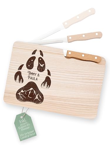 Abenteuernah Brett mit Messer personalisiert, Fahrrad Geschenk, Geschenke für Männer, Messerbrett, Gift for him, Home gift, ideales Geburtstagsgeschenk für Papa Opa Onkel (Hundepfote)