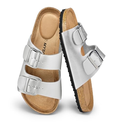 Image of mysoft Womens Flat Sandals Cork Footbed Slides with 2 Straps | Adjustable Buckle Slip On Comfortable Casual Light Weight Summer sandals