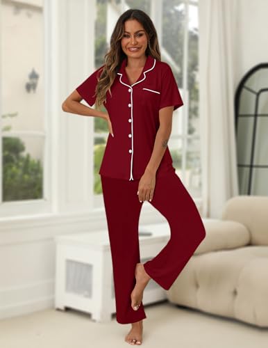 Image of HNG Women Pajamas Set 2 Piece Button Up Pajamas Pant and Short Sleeve Shirt for Woman Pj Sets with Pocket