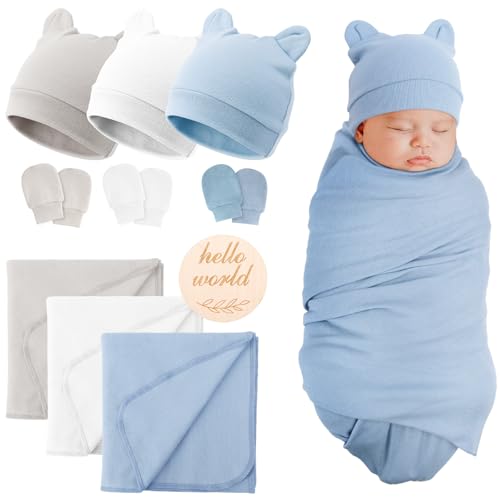 Image of BQUBO 3 Sets Cotton Baby Swaddle Blankets Swaddling Wrap with Hats Mittens Newborn Soft Silky Nursery Receiving Blanket Cute Bear Ears Hat Elastic Gloves Set for Unisex Baby 0-3 Months