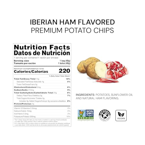 Image of TORRES Selecta Iberian Ham Gourmet Potato Chips - Snack Size Small Batch Artisan Kettle Chips - 1.41 oz. (Pack of 12)