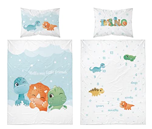 Dino Parure de lit réversible 100 % coton - Dimensions : 100 x 135 cm, 40 x 60 cm (bleu) Cover