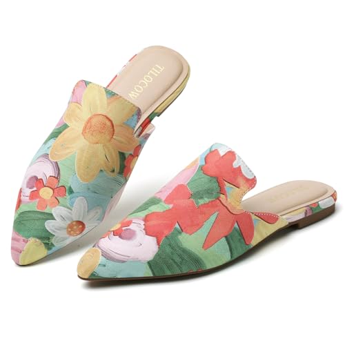 Image of Tilocow Women's Pointed Toe Flat Mules Backless Slip On Loafers