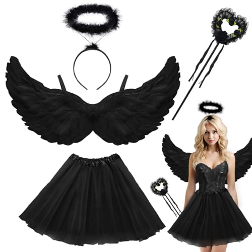Déguisement d'Ange Noir avec Ailes d'Ange, Jupe TUTU, Baguette Magique, Bandeau Halom, Costume d'Ange Femme Aile Noir Plumes Lutin de Sainte, Halloween Costume Deko Carnaval Cosplay Fête Enfant Adulte