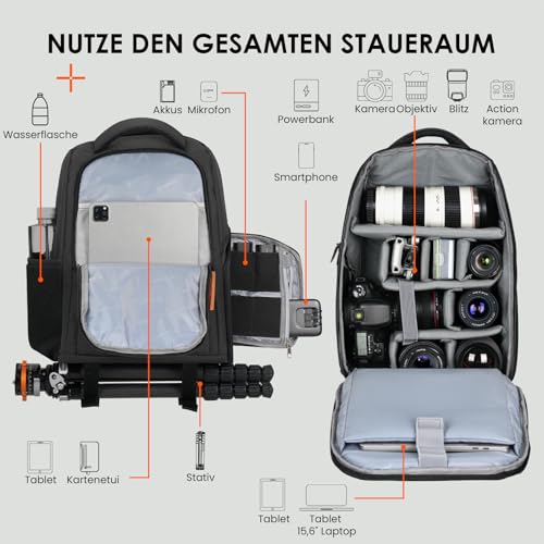 TARION Kamerarucksack Spiegelreflex Fotorucksack Wasserdicht Leicht und Kompakt Klein DSLR Rucksack mit 15 Zoll Laptopfach und Regenhaube(Schwarz)