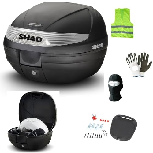 Compatible con Yamaha Xenter 150 - Maleta baúl SH29 SHAD de 29 litros, baúl para 1 casco integral + cierre Lock System + placa portaequipajes + kit de montaje 30 x 40 x 38 cm