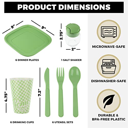 Tribello Camping Picnic Dishes Set With Case, (Set For 6) 32 Plastic Reusable Cutlery Set - Bpa Free - Microwave / Dishwasher Safe #TOP1