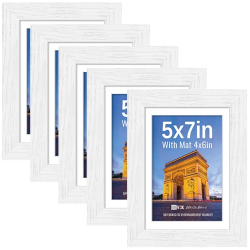 Image of VCK 5x7 Picture Frame 5 Pack, White Exclusive Wood, HD Glass, for Photo
