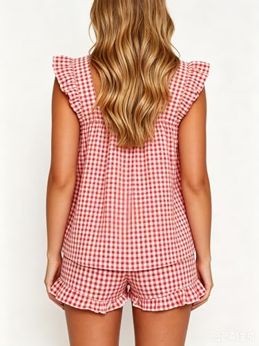Image of SOOKABEILA Women 2 Piece Lounge Set Sleeveless Striped Cami Peplum Top Boxer Shorts Loose Ruffle Matching Pj Sets Outfits