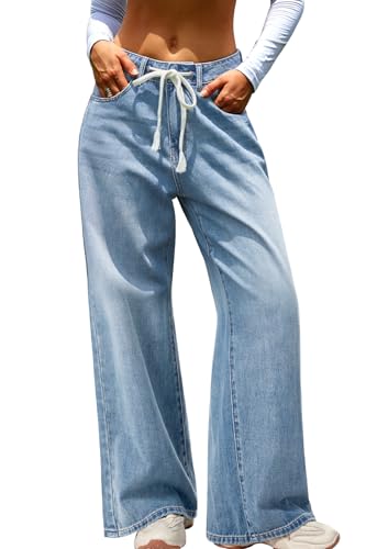 ELLEVEN Women’s Low Rise Baggy Jeans, Casual Drawstring Wide Leg Denim Pants with Pockets