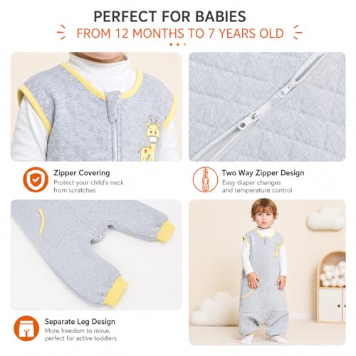 Image of WONDAY Toddler Sleep Sack with Feet, 1.0 Tog Lightweight Sleeping Sacks for Walking with Legs,12 Months 2T