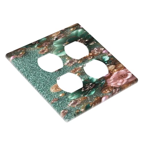 Decorative Outlet Covers Bling Green Rose Flowers Crystal Rhinestone Glitter 2 Gang Wall Plate Cover Double Duplex Receptacle Two Switch Light Switch Cover Plate Jumbo Dual Faceplate