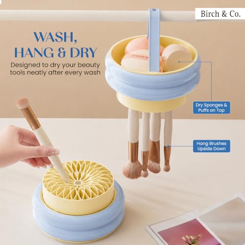 Image of Birch & Co. 4-in-1 Makeup Brush Holder Organizer with Dustproof Lid,Silicon Brush Cleaning Mat & Hanging Drying Rack, Portable Makeup Organisers Case for Sponges, Puffs & Brushes, Blue & Yellow