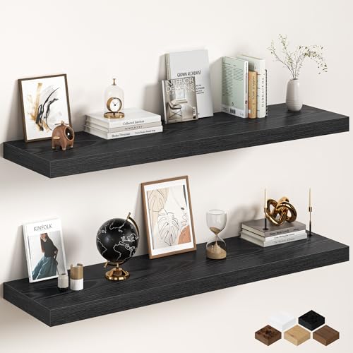 Image of Black Floating Shelves 55Inch Long, 12 Inch Deep Floating Shelves for Wall, 55 x 12 Large Floating Shelf for Fireplace Mantel, 2 inch Thicked Rustic Wall Shelves for Living Room, Bedroom Storage, 2 Packs