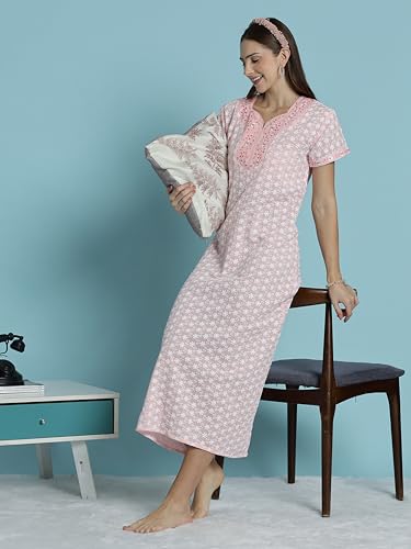 Image of 9shines Label Stylish Chikankari Cotton Nighty Maxi for Women | Full Length Nightgown | Nightdress with Pocket | Embroidery Nighty | Soft Comfortable Cotton Nightwear (1545)