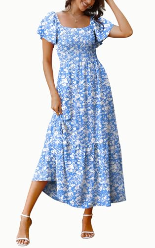 Image of OFEEFAN Summer Dresses for Women Square Neck Ruffle Sleeve Smocked Maxi Dress with Pockets