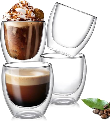 LIMOS Double Wall Glass Coffee Cups 250ml Set of 4 Insulated Borosilicate Mugs for Hot & Cold Drinks | Latte Cappuccino Espresso Tea Juice Water Clear Glass Cups for Home & Office