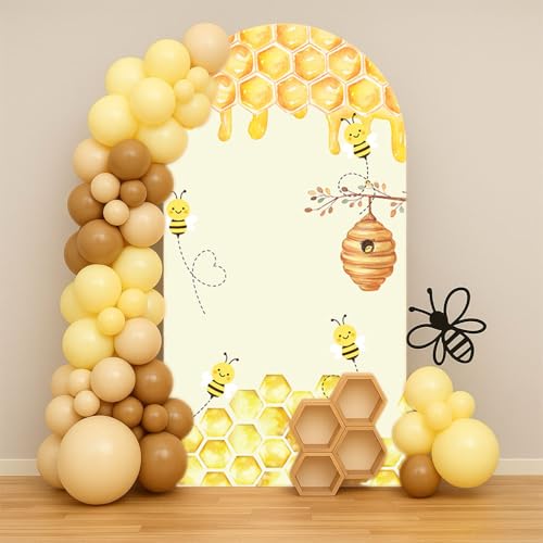 HISDH Arch Backdrop Covers Sweet Happy 1st Bee Day Birthday Party Decors Double-Sided Arch Spandex Cover Yellow Plaids Bee Baby Shower Fiesta Prop (7.2x4ft,2010)