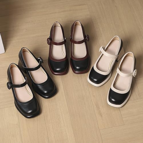 Women's Square Toe Chunky Heel Mary Jane Shoes with Adjustable Ankle Strap,Retro Leather Platform Block High Heels Pumps Shoes for Office Party Casual Wedding4