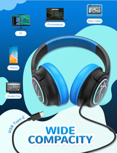 Image of iClever Kids Wired Headphones with LED Light, 85dBA Safe Volume Kids Headphone with Cord, Stereo Sound Foldable Adjustable, USB C Kid Headphones for School /Boys /Girls /iPad, Blue Black